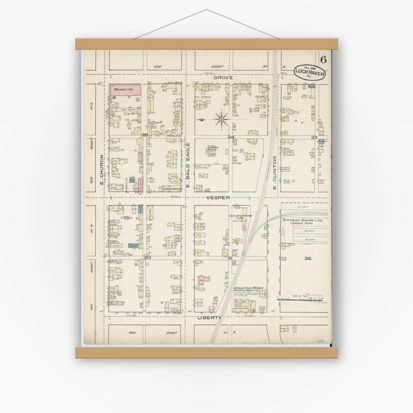 Old map wall art mockup — magnetic wood frame on white wall — Sanborn Fire Insurance Map from Lock Haven, Clinton County, Pennsylvania (1885), Sheet #0006