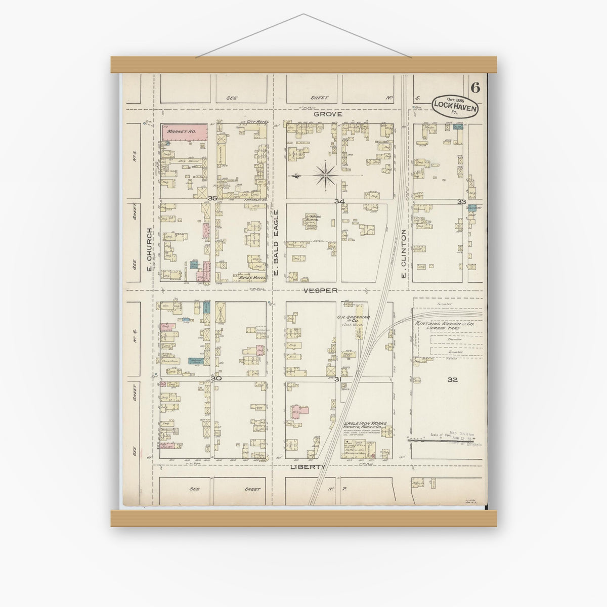 Old map wall art mockup — magnetic wood frame on white wall — Sanborn Fire Insurance Map from Lock Haven, Clinton County, Pennsylvania (1885), Sheet #0006