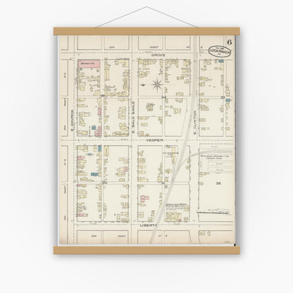 Old map wall art mockup — magnetic wood frame on white wall — Sanborn Fire Insurance Map from Lock Haven, Clinton County, Pennsylvania (1885), Sheet #0006