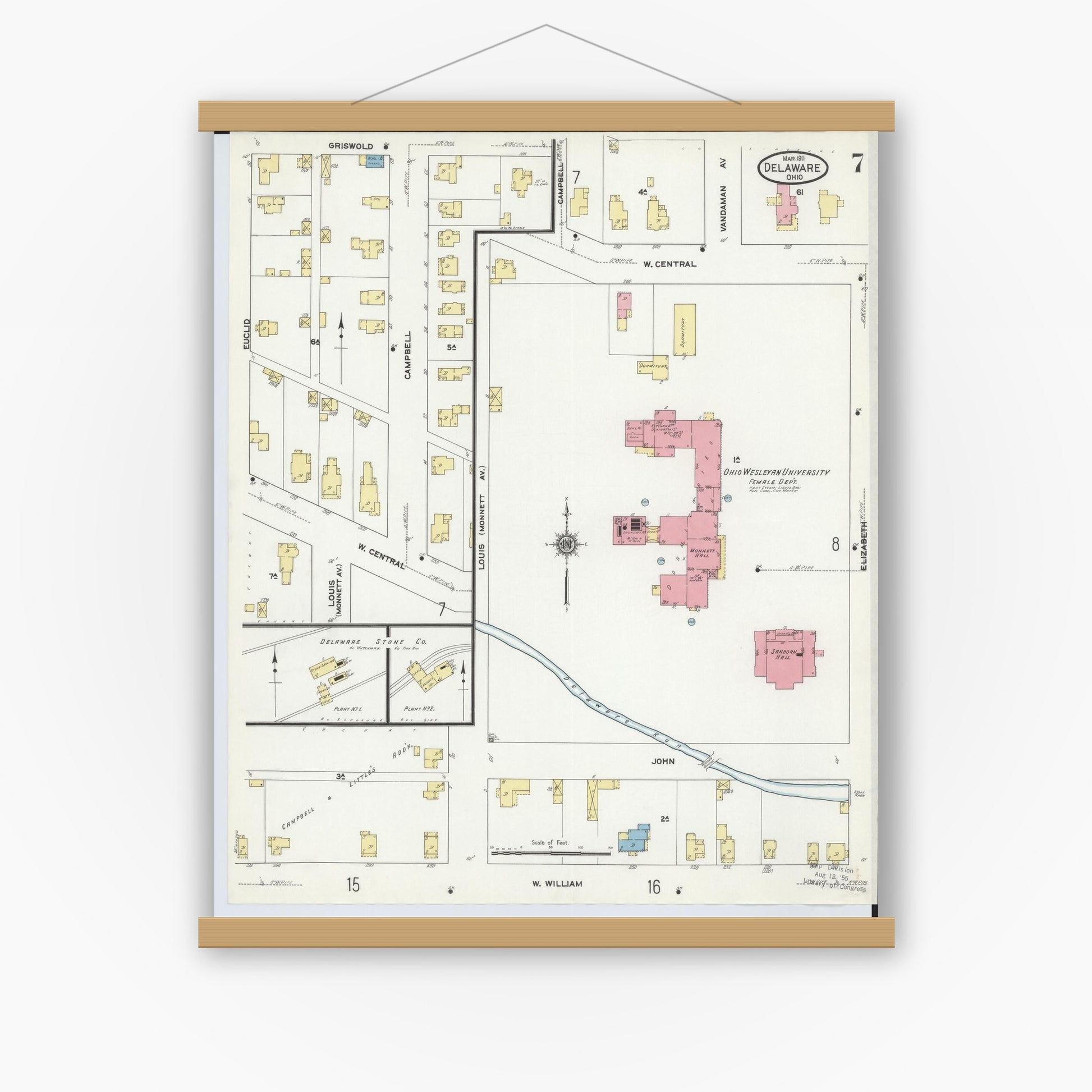 Old map wall art mockup — magnetic wood frame on white wall — Sanborn Fire Insurance Map from Delaware, Delaware County, Ohio (1911), Sheet #0007