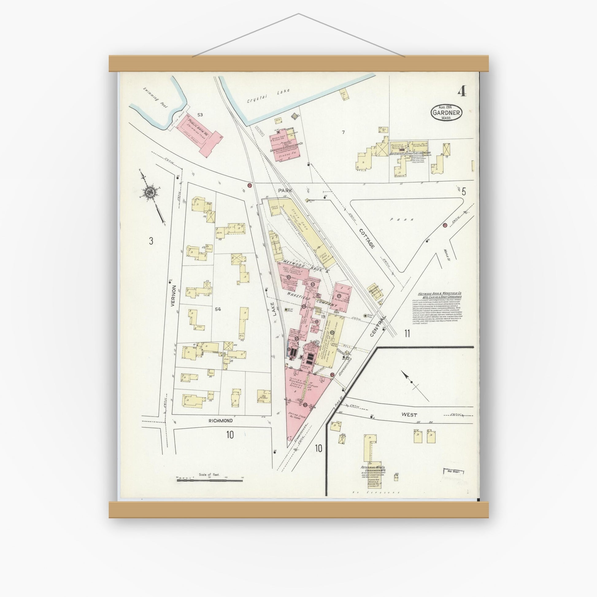 Old map wall art mockup — magnetic wood frame on white wall — Sanborn Fire Insurance Map from Gardner, Worcester County, Massachusetts (1914), Sheet #0004