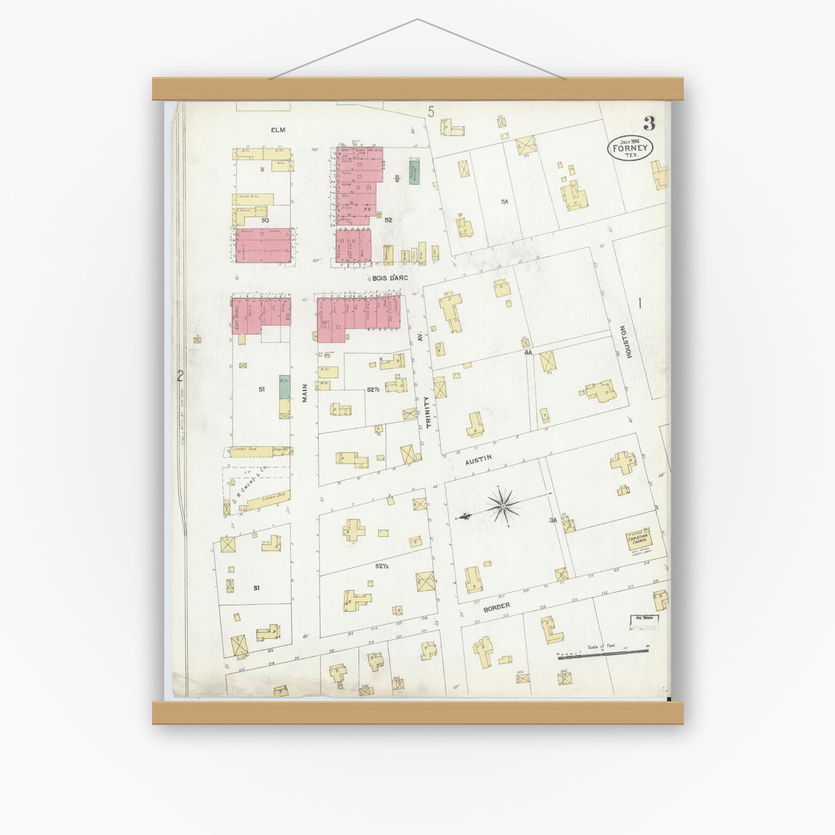 Old map wall art mockup — magnetic wood frame on white wall — Sanborn Fire Insurance Map from Forney, Kaufman County, Texas (1906), Sheet #0003