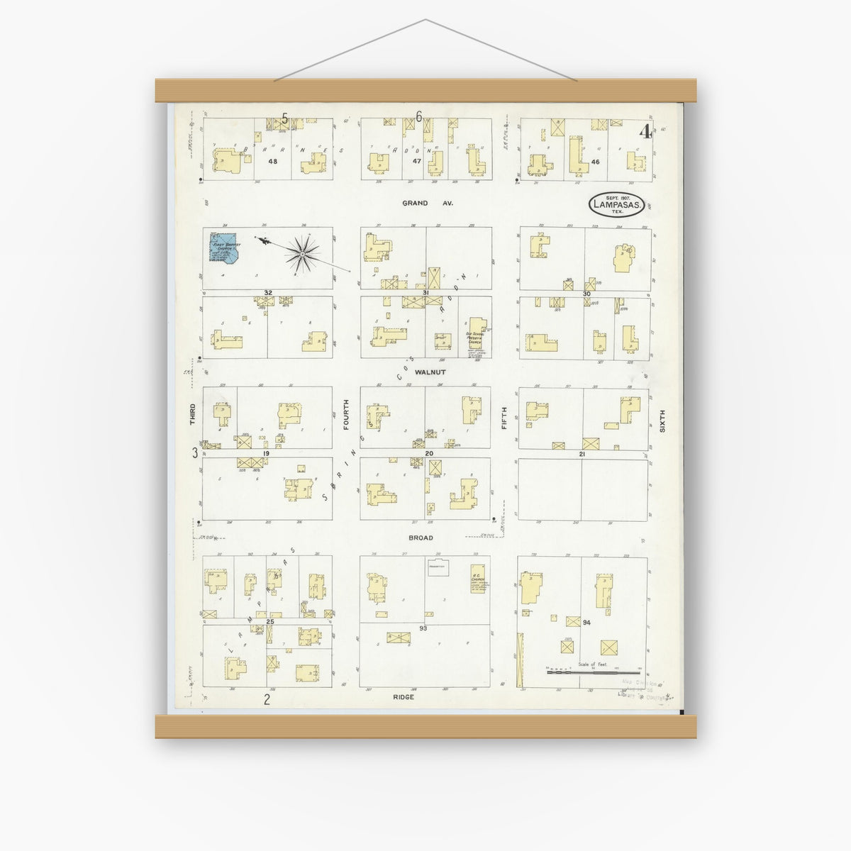 Old map wall art mockup — magnetic wood frame on white wall — Sanborn Fire Insurance Map from Lampasas, Lampasas County, Texas (1907), Sheet #0004