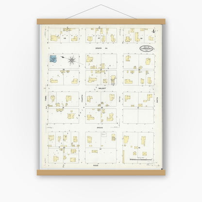 Old map wall art mockup — magnetic wood frame on white wall — Sanborn Fire Insurance Map from Lampasas, Lampasas County, Texas (1907), Sheet #0004