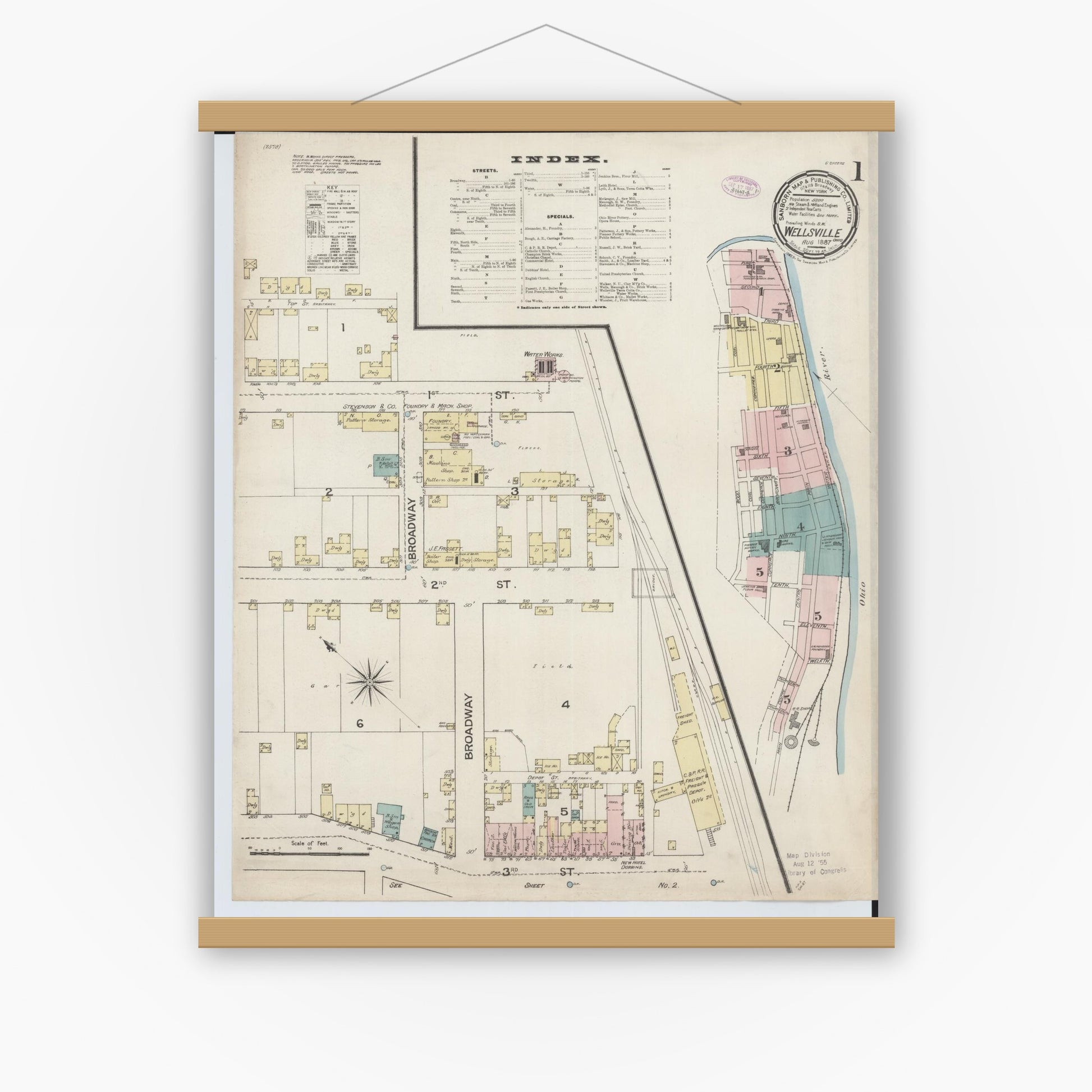 Old map wall art mockup — magnetic wood frame on white wall — Sanborn Fire Insurance Map from Wellsville, Columbiana County, Ohio (1887), Sheet #0001