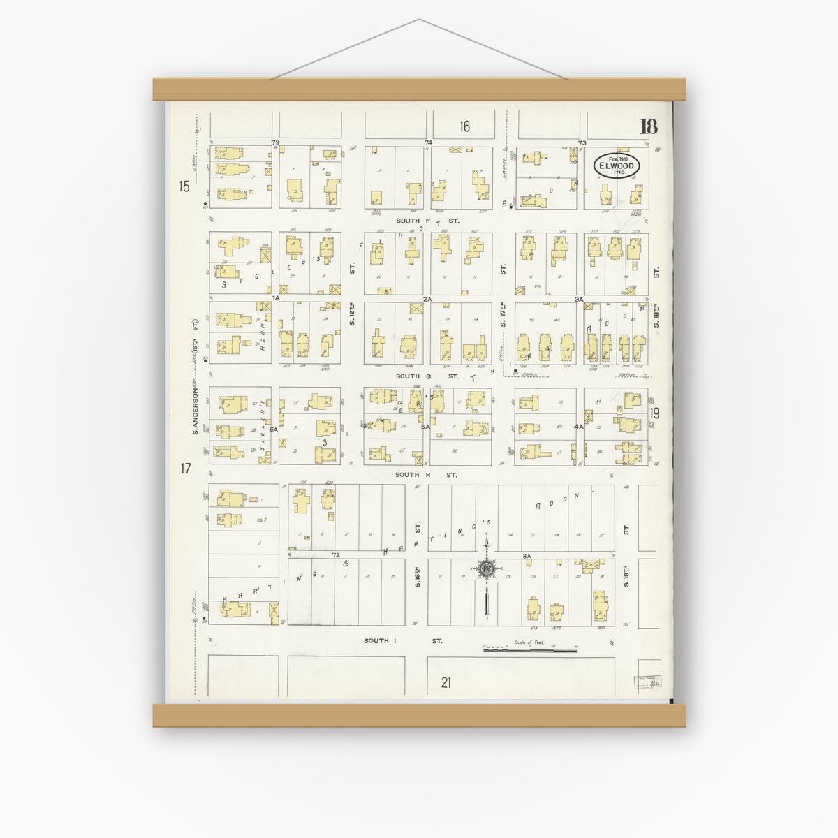 Old map wall art mockup — magnetic wood frame on white wall — Sanborn Fire Insurance Map from Elwood, Madison County, Indiana (1910), Sheet #0018