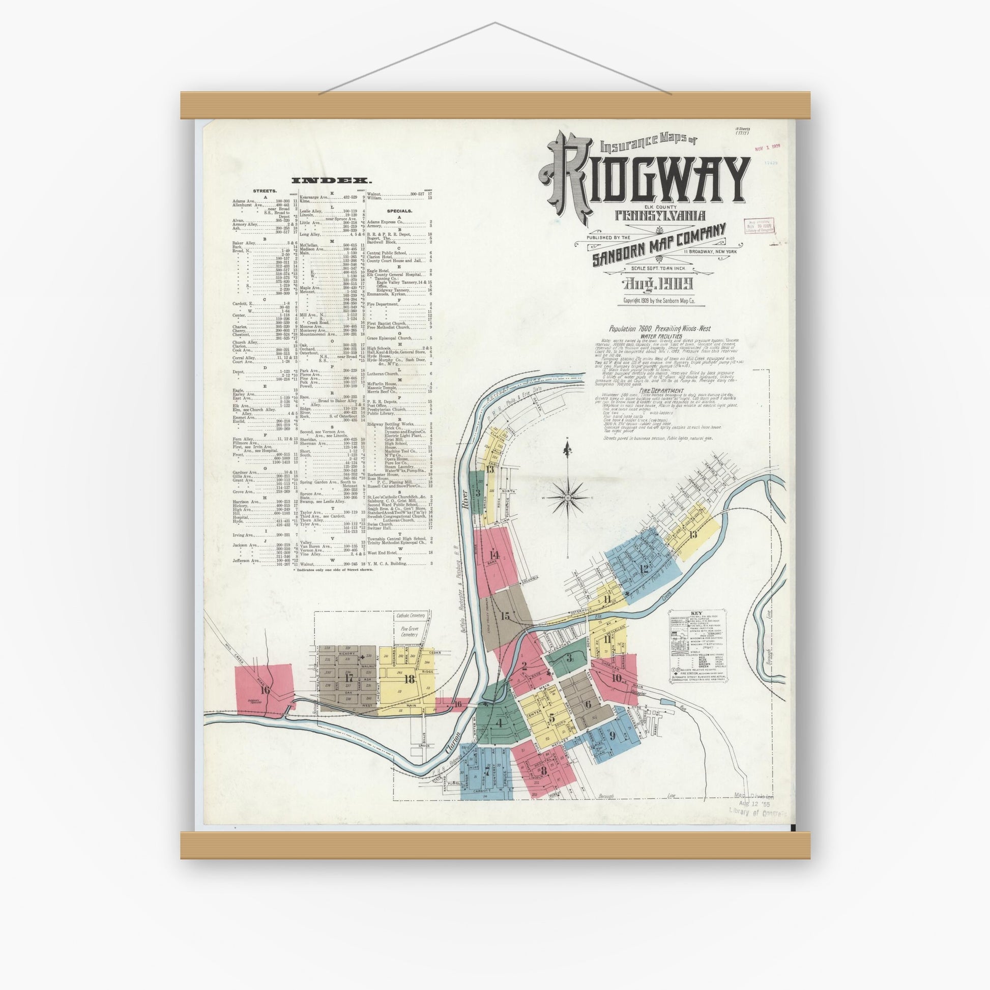 Old map wall art mockup — magnetic wood frame on white wall — Sanborn Fire Insurance Map from Ridgway, Elk County, Pennsylvania (1909) - Complete Map Set