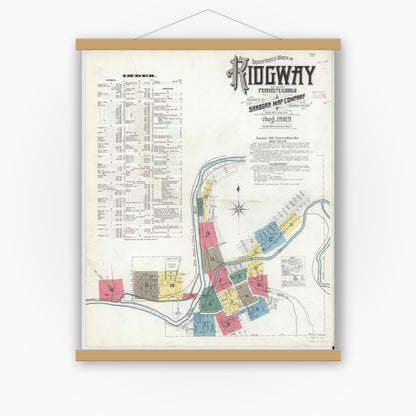Old map wall art mockup — magnetic wood frame on white wall — Sanborn Fire Insurance Map from Ridgway, Elk County, Pennsylvania (1909) - Complete Map Set