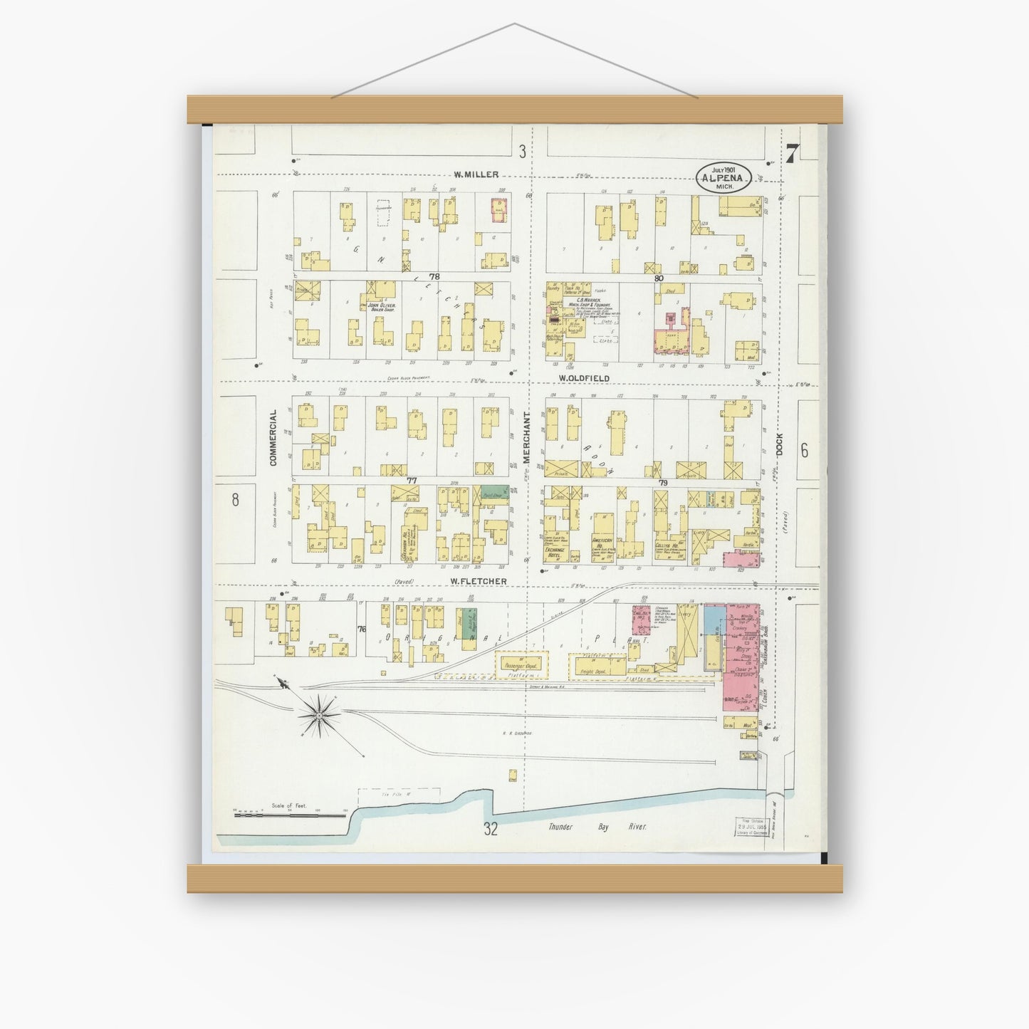 Old map wall art mockup — magnetic wood frame on white wall — Sanborn Fire Insurance Map from Alpena, Alpena County, Michigan (1901), Sheet #0007