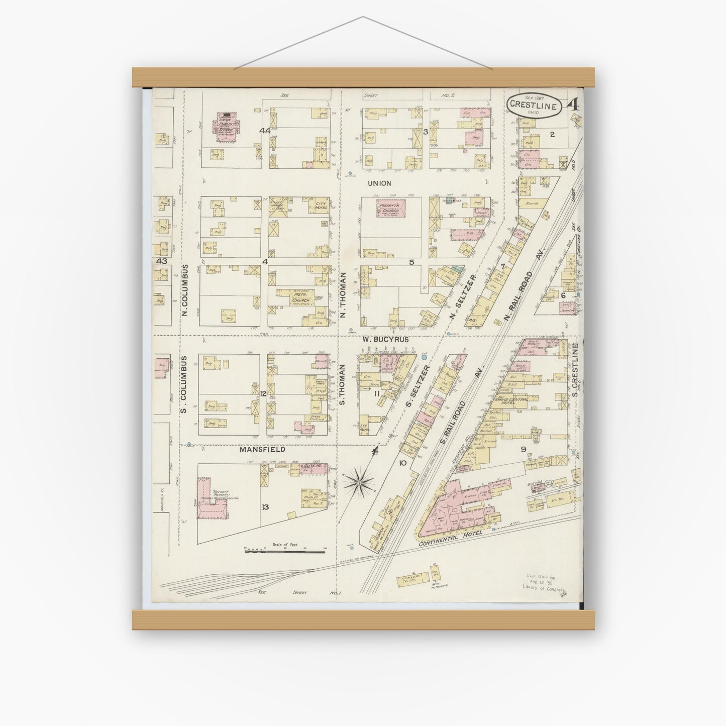 Old map wall art mockup — magnetic wood frame on white wall — Sanborn Fire Insurance Map from Crestline, Crawford County, Ohio (1887), Sheet #0004