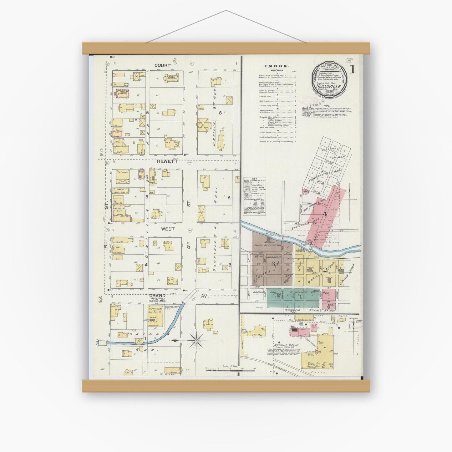Old map wall art mockup — magnetic wood frame on white wall — Sanborn Fire Insurance Map from Neillsville, Clark County, Wisconsin (1892) - Complete Map Set