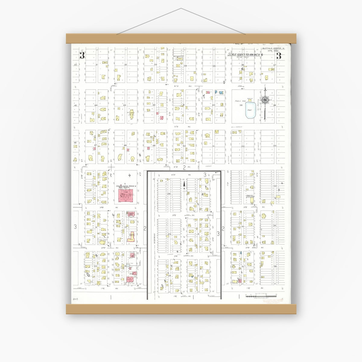 Old map wall art mockup — magnetic wood frame on white wall — Sanborn Fire Insurance Map from Buffalo Center, Winnebago County, Iowa (1942), Sheet #0003