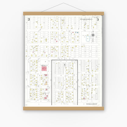 Old map wall art mockup — magnetic wood frame on white wall — Sanborn Fire Insurance Map from Buffalo Center, Winnebago County, Iowa (1942), Sheet #0003