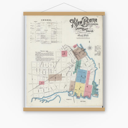Old map wall art mockup — magnetic wood frame on white wall — Sanborn Fire Insurance Map from New Bern, Craven County, North Carolina (1893) - Complete Map Set