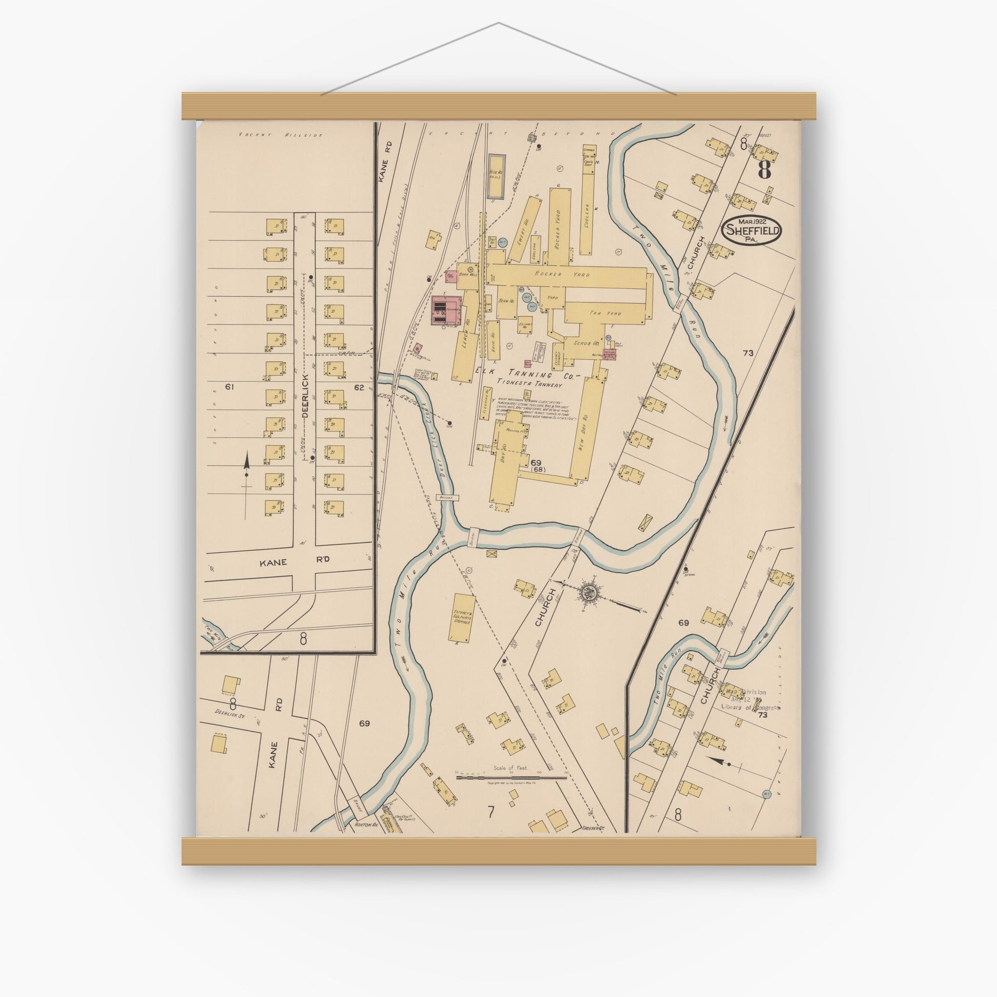 Old map wall art mockup — magnetic wood frame on white wall — Sanborn Fire Insurance Map from Sheffield, Warren County, Pennsylvania (1922), Sheet #0008