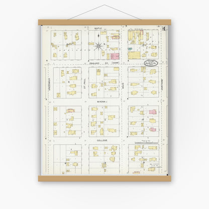 Old map wall art mockup — magnetic wood frame on white wall — Sanborn Fire Insurance Map from Austin, Mower County, Minnesota (1892), Sheet #0004