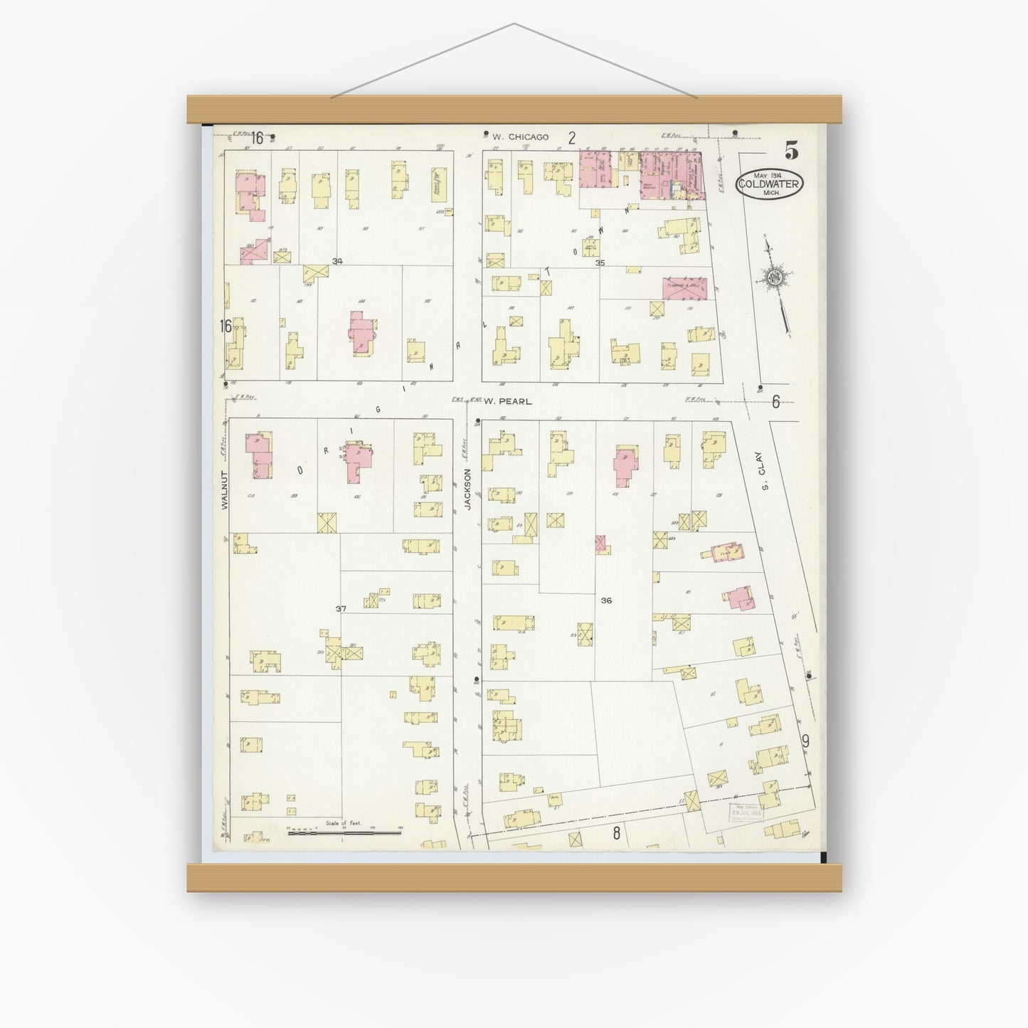 Old map wall art mockup — magnetic wood frame on white wall — Sanborn Fire Insurance Map from Coldwater, Branch County, Michigan (1914), Sheet #0005