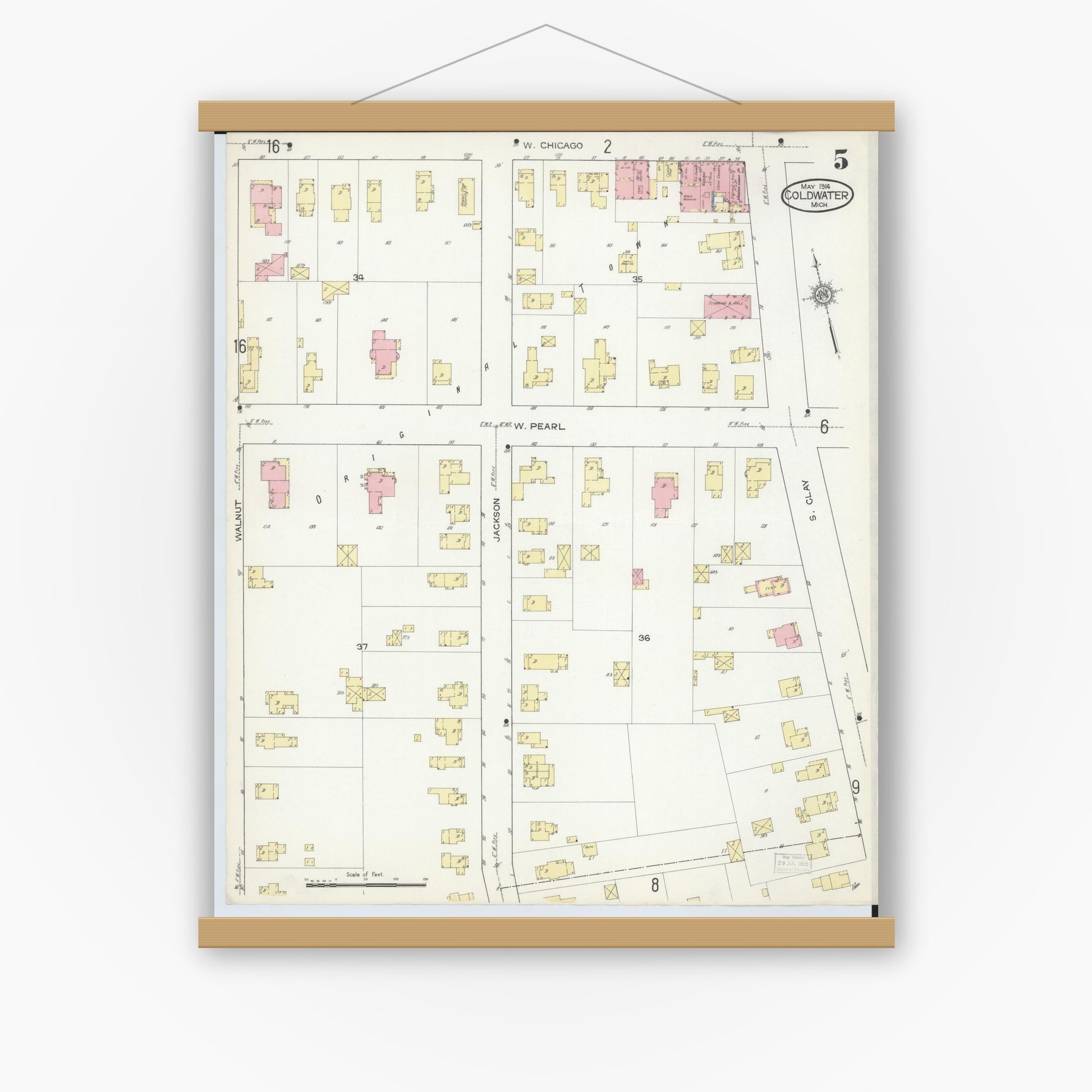 Old map wall art mockup — magnetic wood frame on white wall — Sanborn Fire Insurance Map from Coldwater, Branch County, Michigan (1914), Sheet #0005