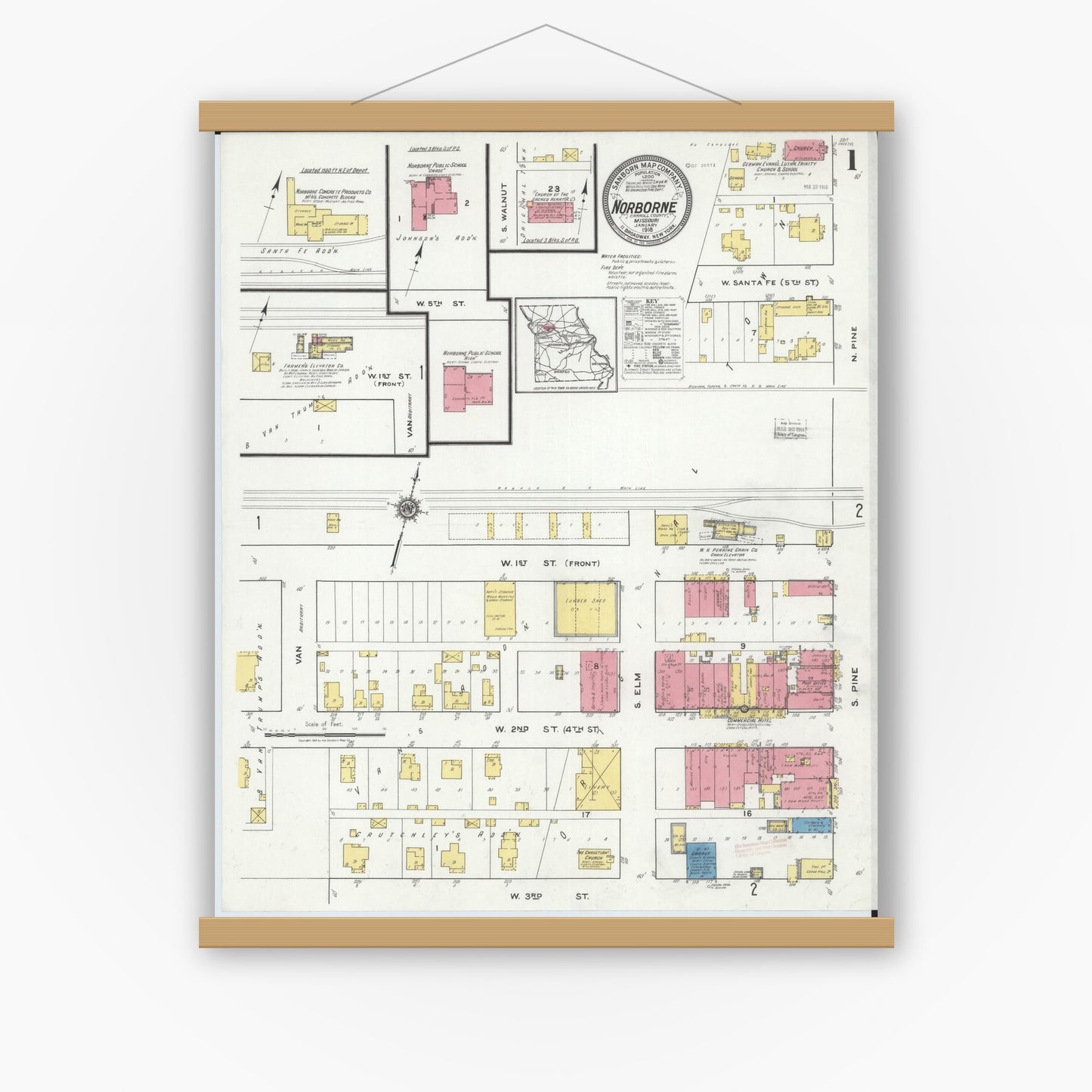 Old map wall art mockup — magnetic wood frame on white wall — Sanborn Fire Insurance Map from Norborne, Carroll County, Missouri (1918), Sheet #0001