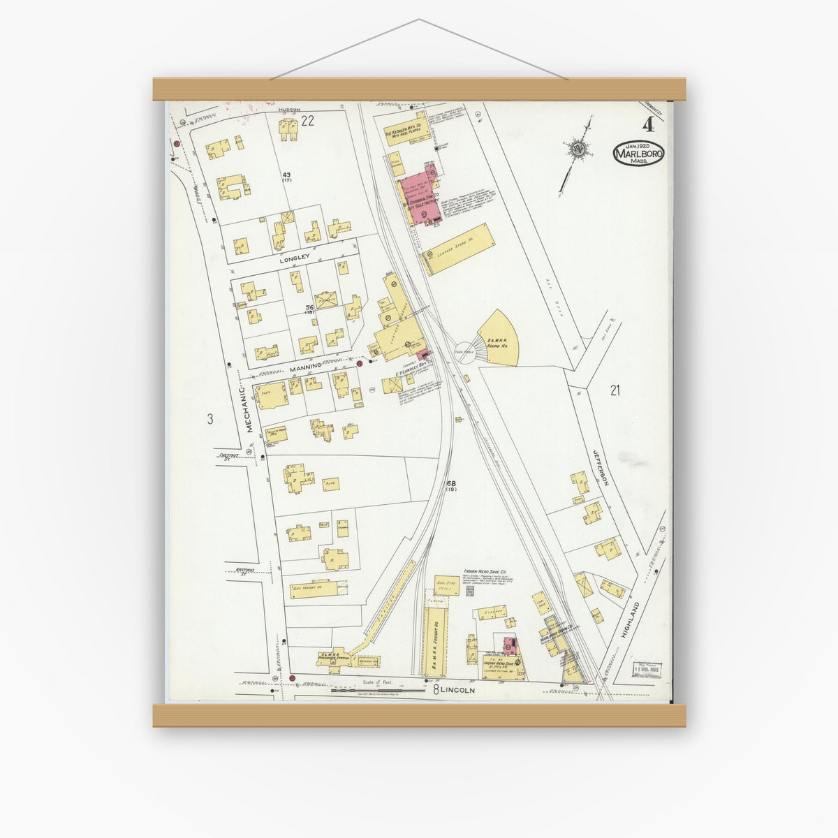 Old map wall art mockup — magnetic wood frame on white wall — Sanborn Fire Insurance Map from Marlborough, Middlesex County, Massachusetts (1920), Sheet #0004