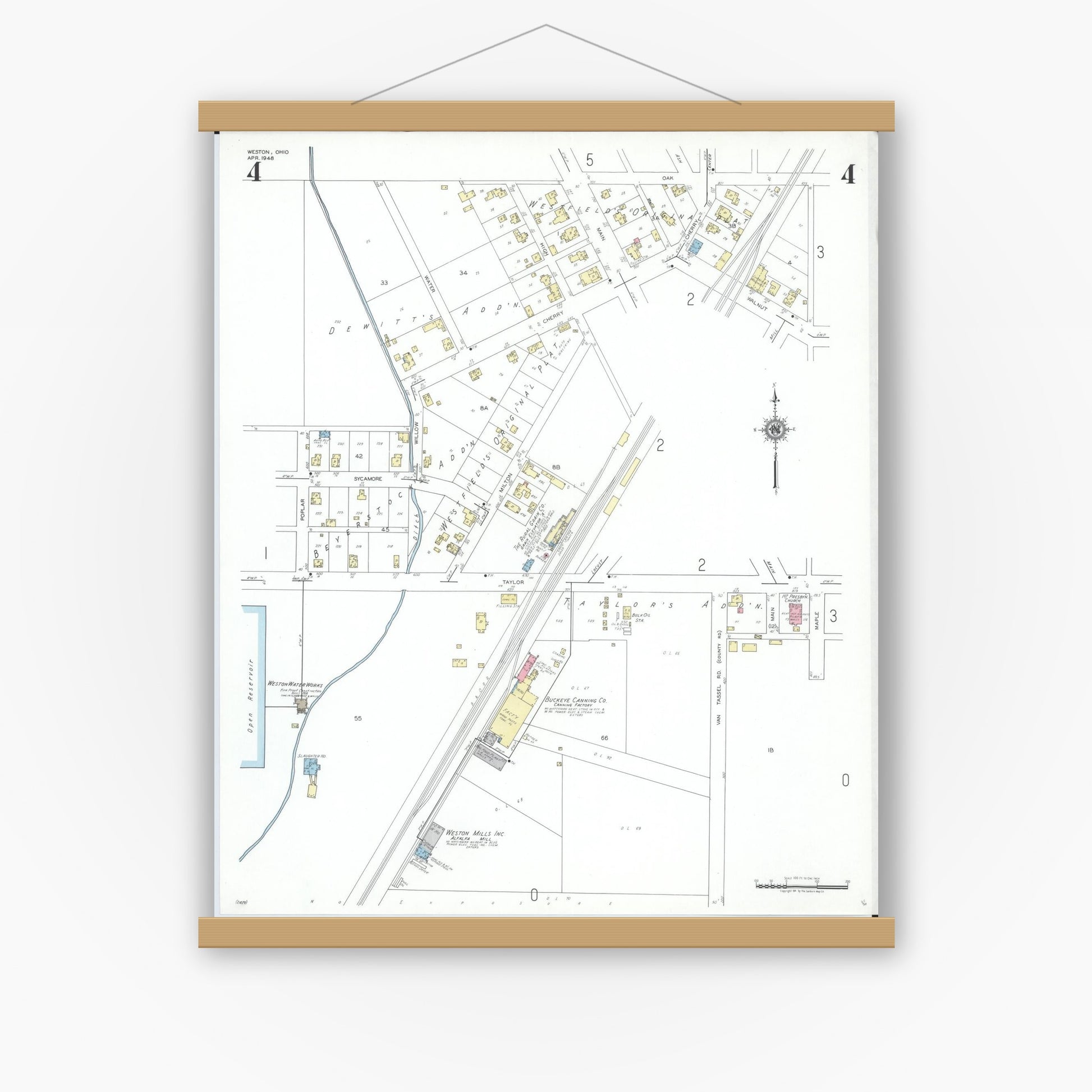 Old map wall art mockup — magnetic wood frame on white wall — Sanborn Fire Insurance Map from Weston, Wood County, Ohio (1948), Sheet #0004