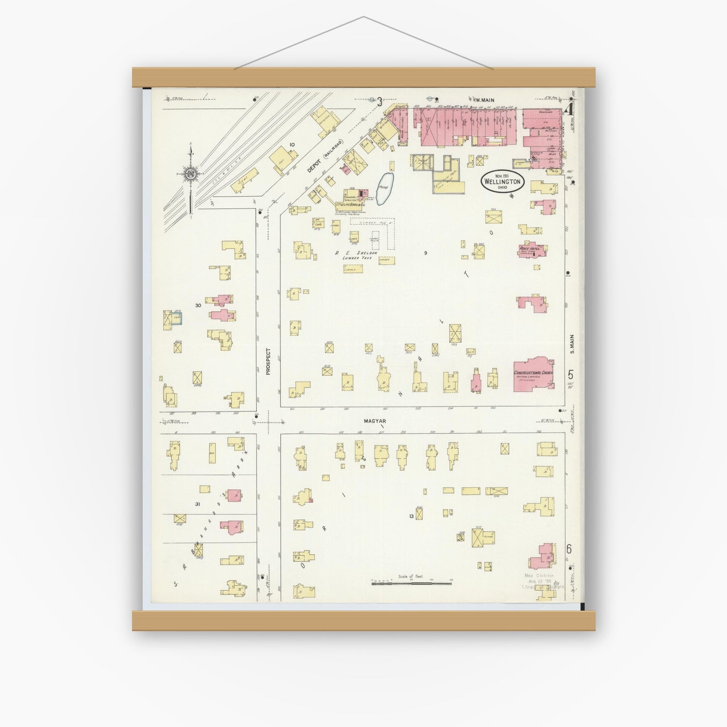 Old map wall art mockup — magnetic wood frame on white wall — Sanborn Fire Insurance Map from Wellington, Lorain County, Ohio (1911), Sheet #0004