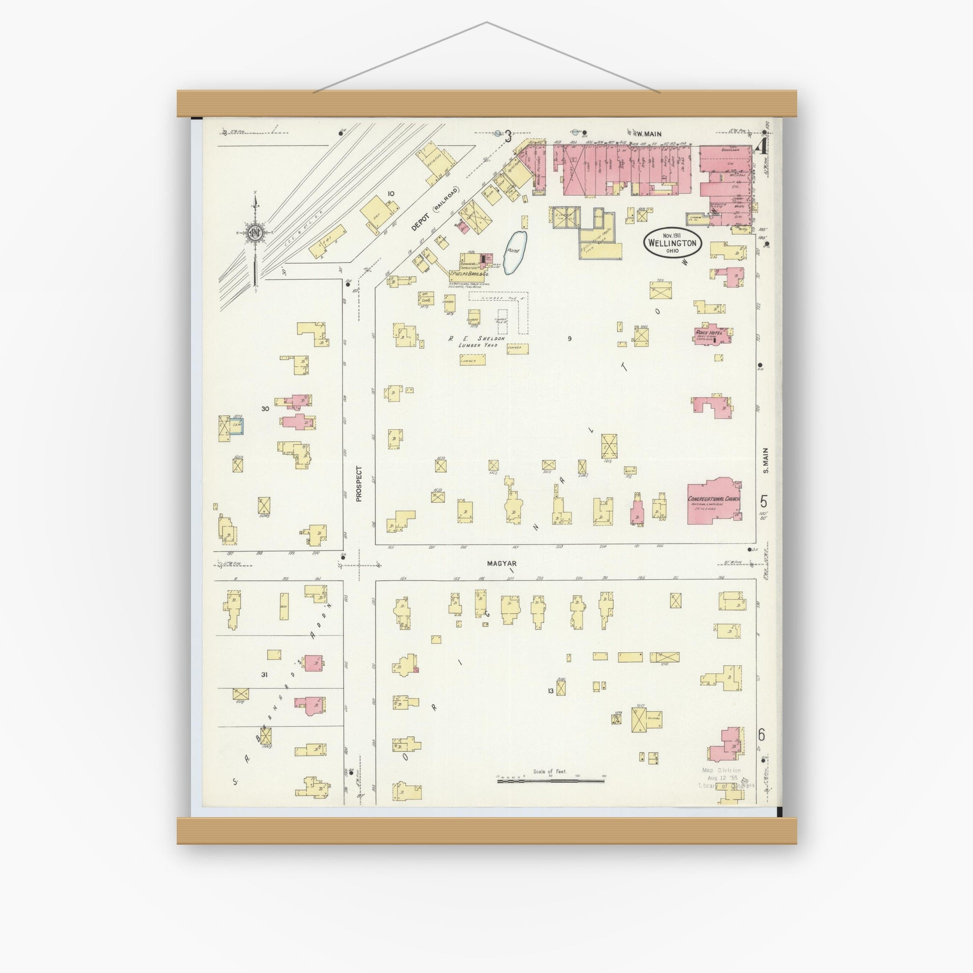 Old map wall art mockup — magnetic wood frame on white wall — Sanborn Fire Insurance Map from Wellington, Lorain County, Ohio (1911), Sheet #0004