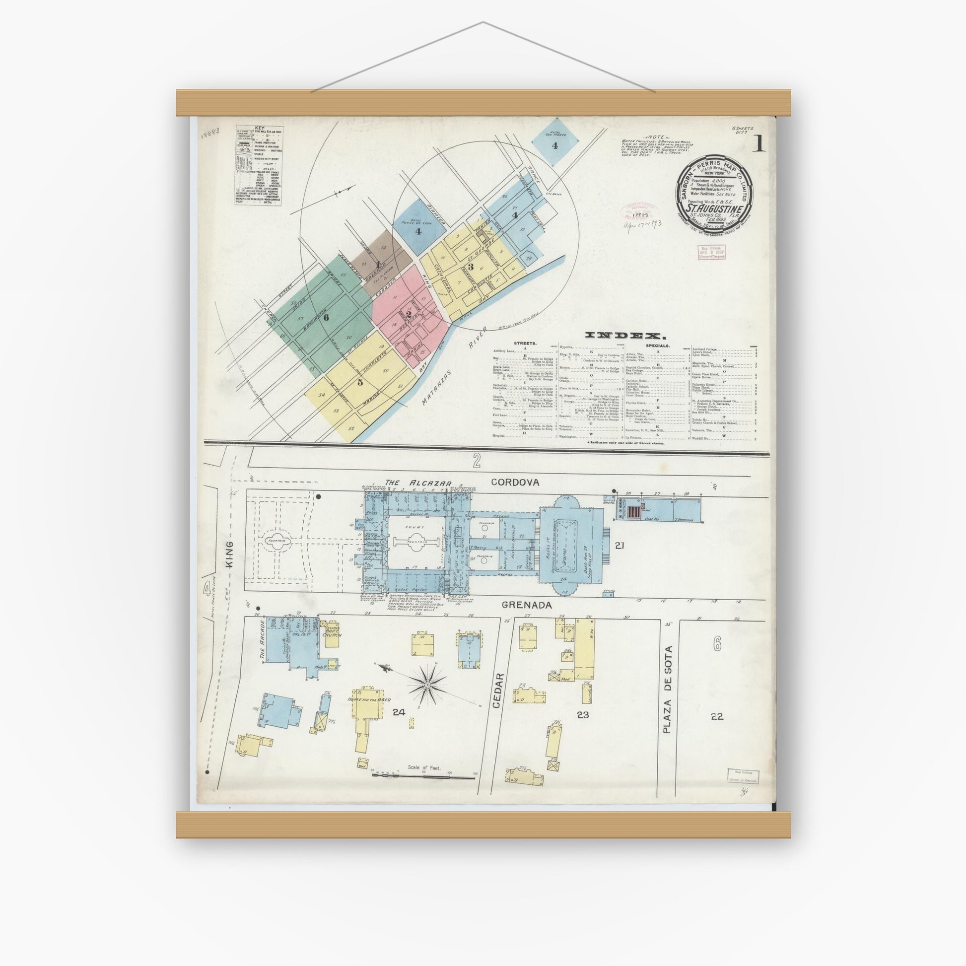 Old map wall art mockup — magnetic wood frame on white wall — Sanborn Fire Insurance Map from Saint Augustine, Saint John's County, Florida (1893), Sheet #0001