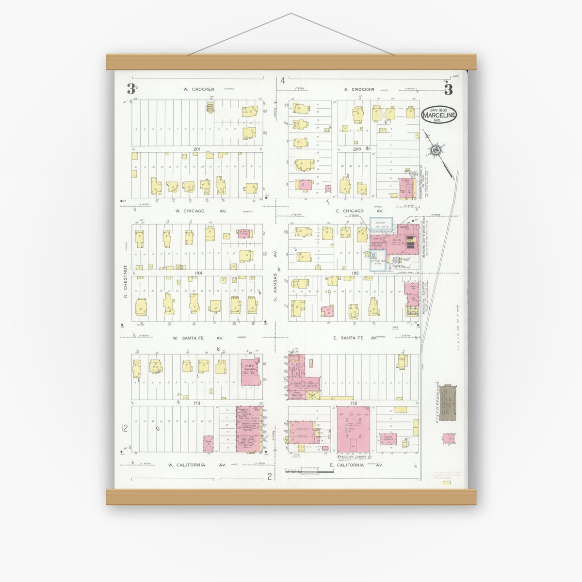 Old map wall art mockup — magnetic wood frame on white wall — Sanborn Fire Insurance Map from Marceline, Linn County, Missouri (1930), Sheet #0003