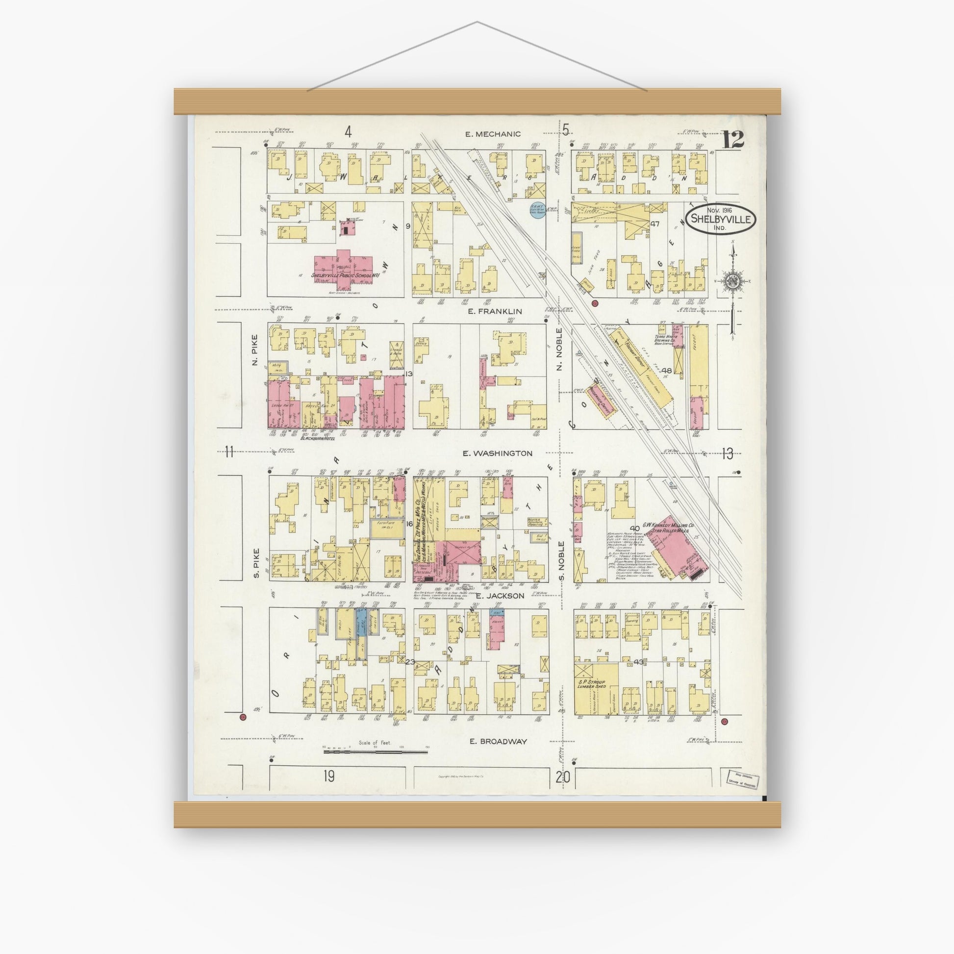Old map wall art mockup — magnetic wood frame on white wall — Sanborn Fire Insurance Map from Shelbyville, Shelby County, Indiana (1916), Sheet #0012