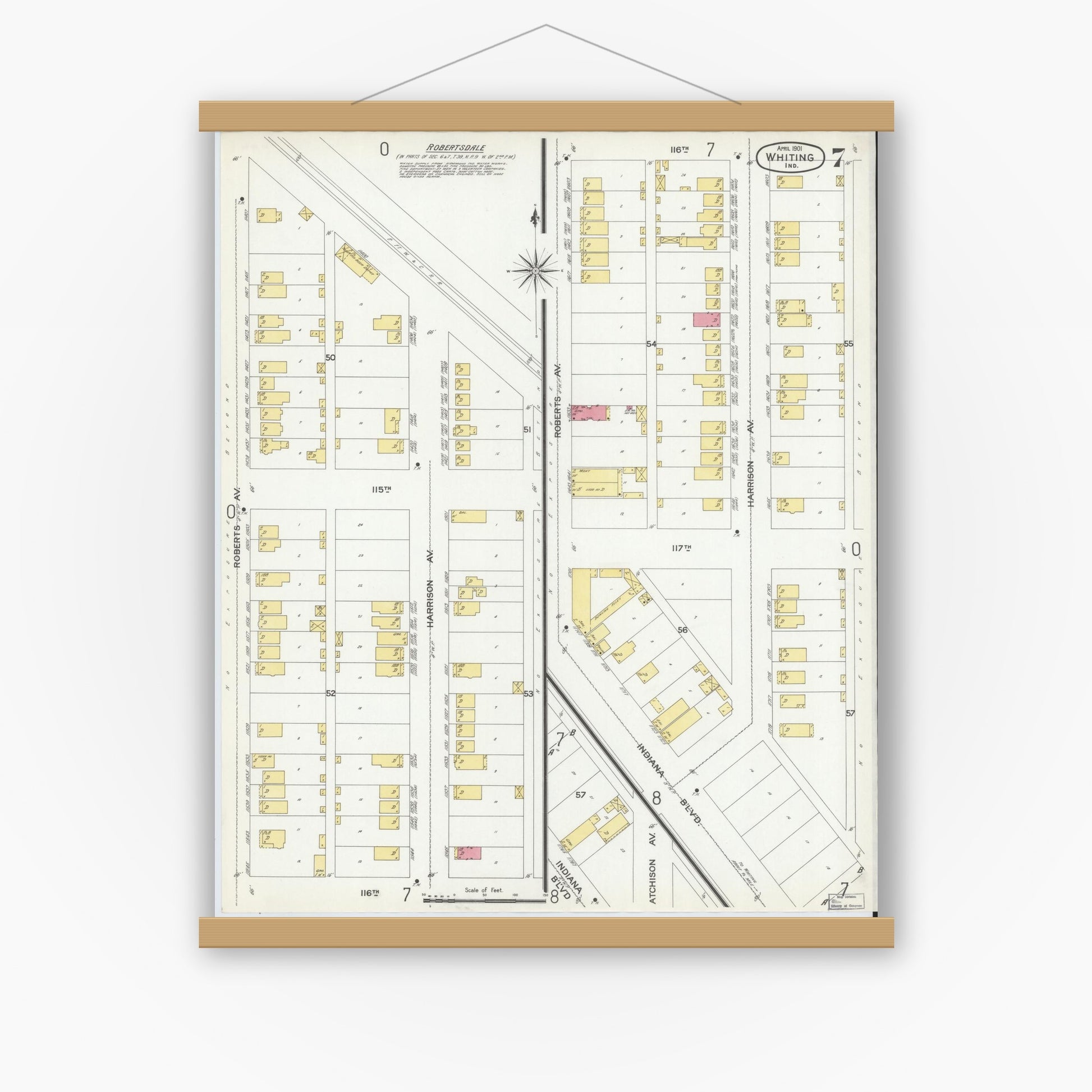 Old map wall art mockup — magnetic wood frame on white wall — Sanborn Fire Insurance Map from Whiting, Lake County, Indiana (1901), Sheet #0007