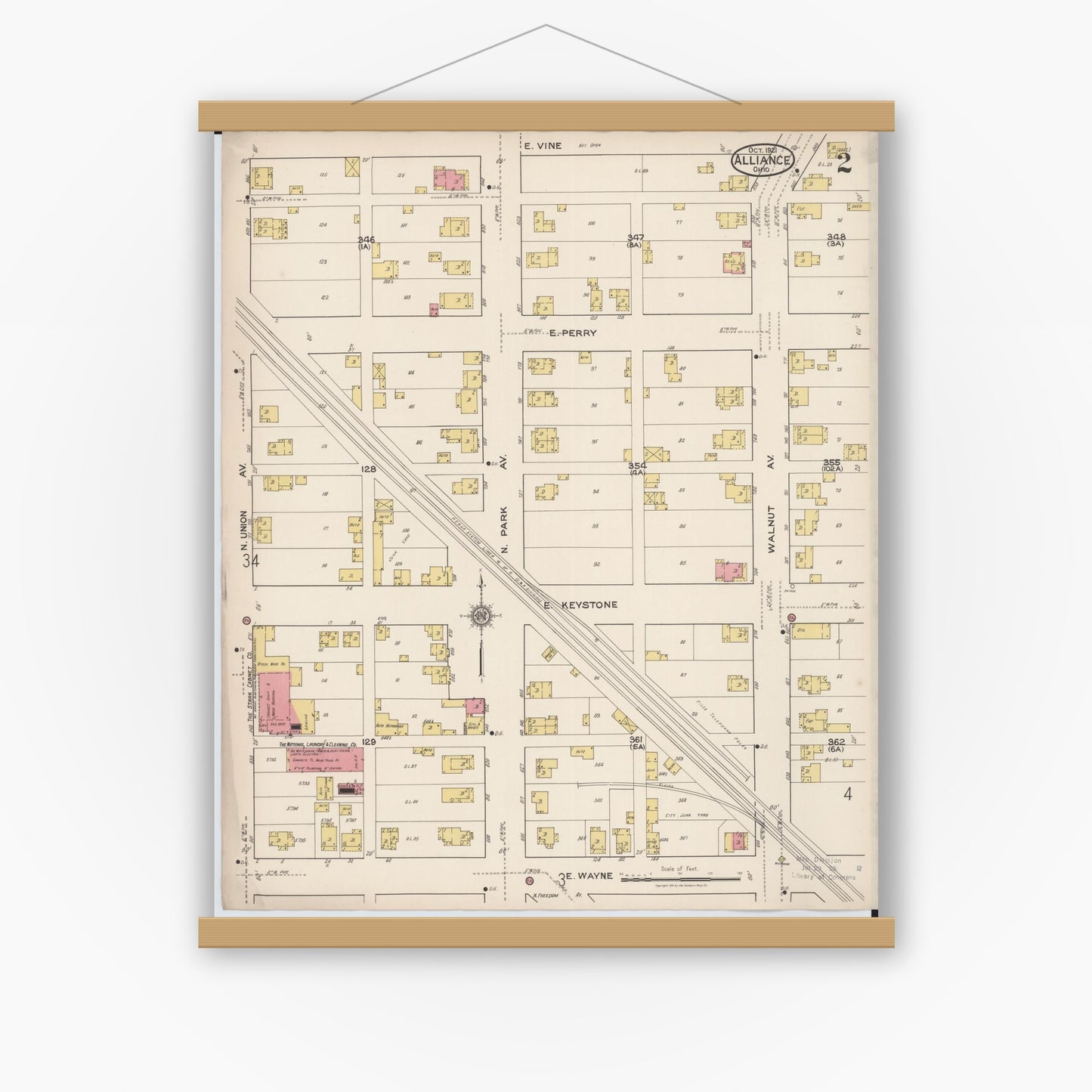 Old map wall art mockup — magnetic wood frame on white wall — Sanborn Fire Insurance Map from Alliance, Stark County, Ohio (1921), Sheet #0002