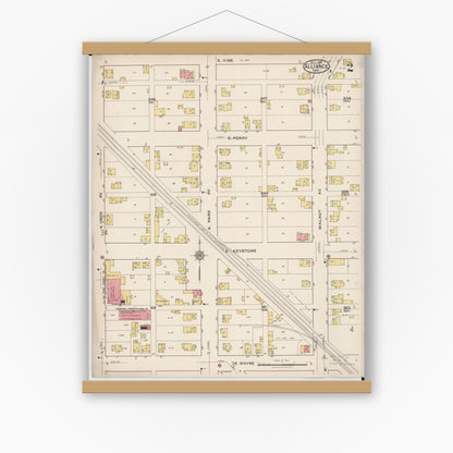 Old map wall art mockup — magnetic wood frame on white wall — Sanborn Fire Insurance Map from Alliance, Stark County, Ohio (1921), Sheet #0002