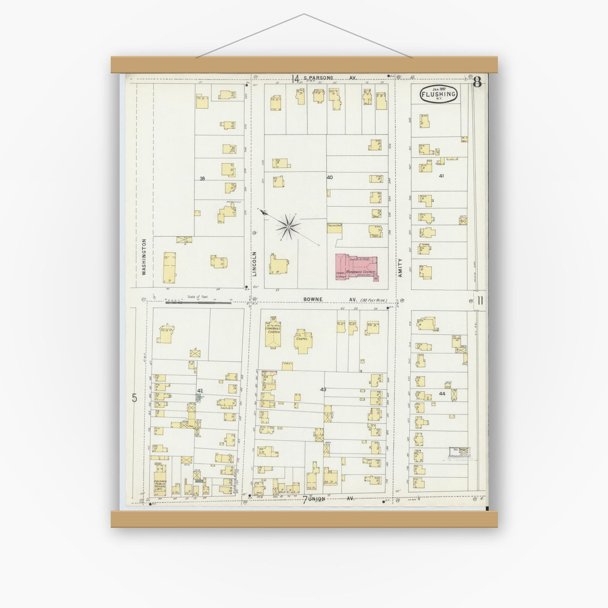 Old map wall art mockup — magnetic wood frame on white wall — Sanborn Fire Insurance Map from Flushing, Queens County, New York (1897), Sheet #0008