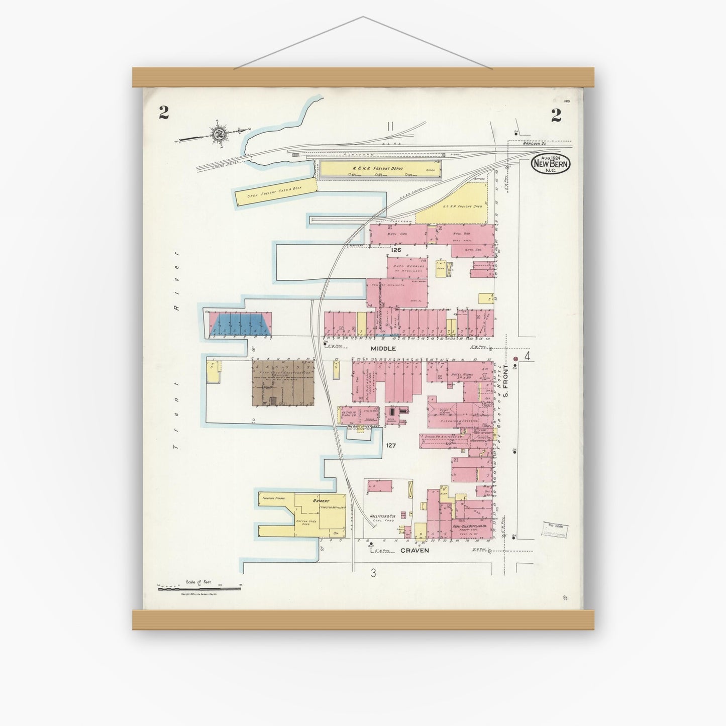 Old map wall art mockup — magnetic wood frame on white wall — Sanborn Fire Insurance Map from New Bern, Craven County, North Carolina (1924), Sheet #0002