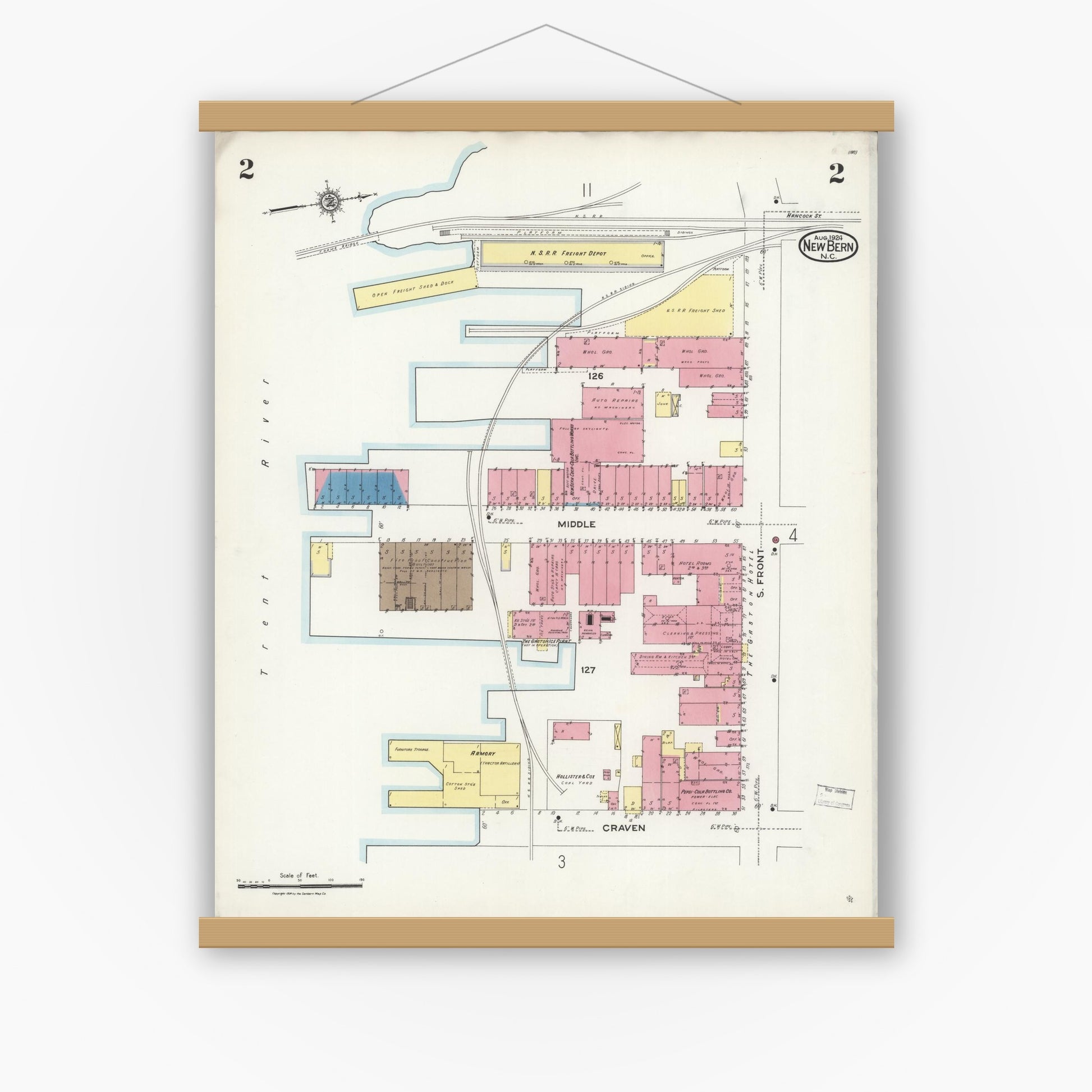 Old map wall art mockup — magnetic wood frame on white wall — Sanborn Fire Insurance Map from New Bern, Craven County, North Carolina (1924), Sheet #0002