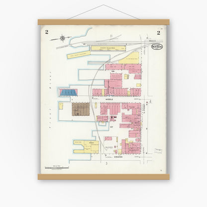 Old map wall art mockup — magnetic wood frame on white wall — Sanborn Fire Insurance Map from New Bern, Craven County, North Carolina (1924), Sheet #0002
