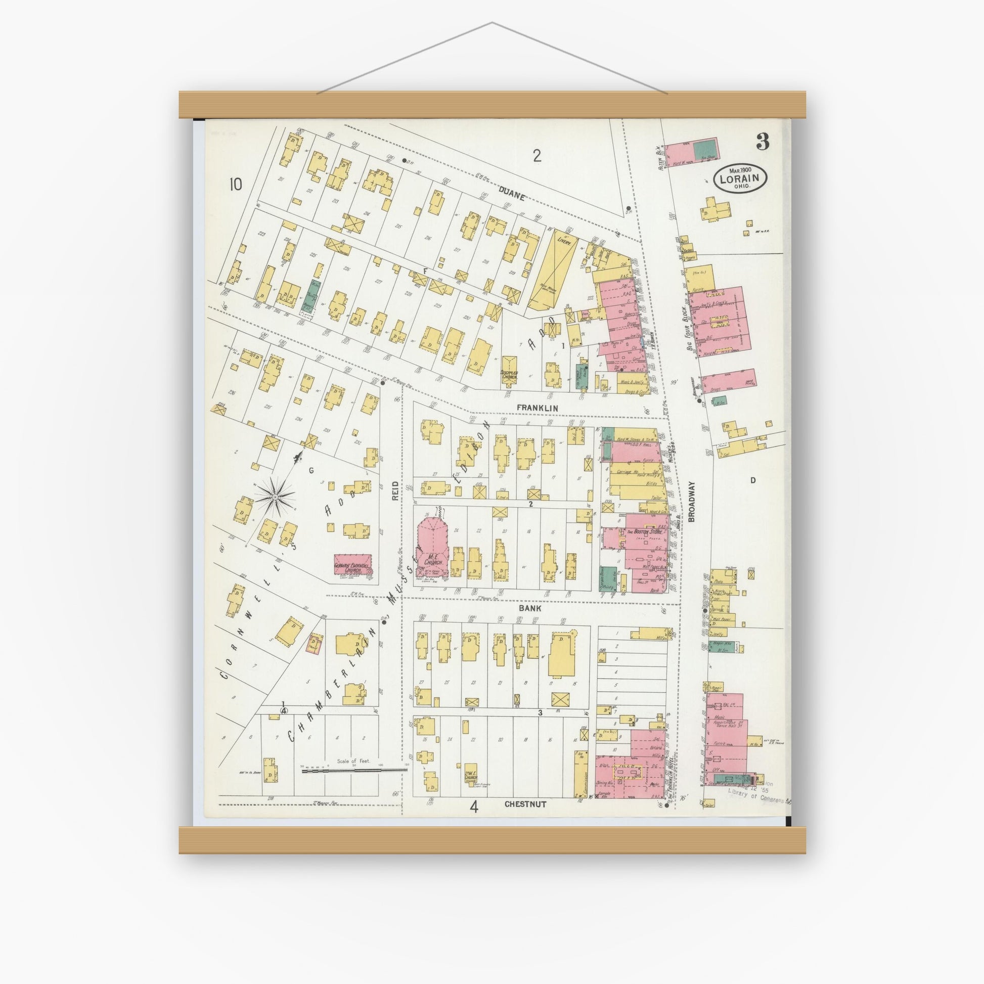 Old map wall art mockup — magnetic wood frame on white wall — Sanborn Fire Insurance Map from Lorain, Lorain County, Ohio (1900), Sheet #0003