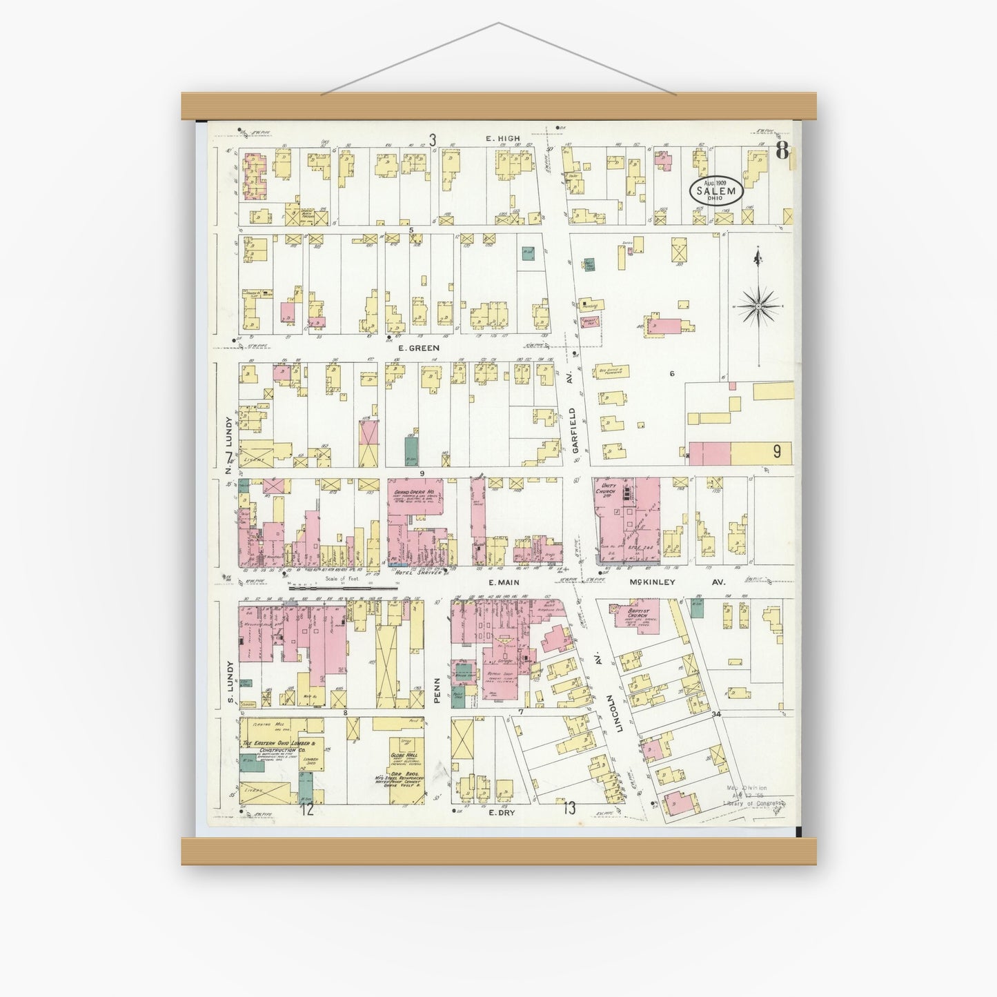 Old map wall art mockup — magnetic wood frame on white wall — Sanborn Fire Insurance Map from Salem, Columbiana County, Ohio (1909), Sheet #0008