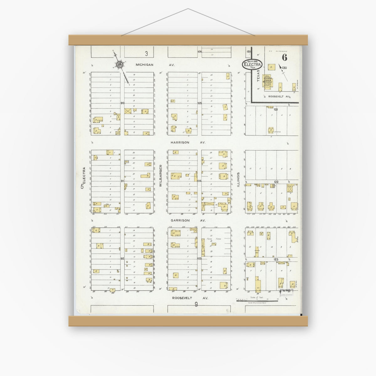 Old map wall art mockup — magnetic wood frame on white wall — Sanborn Fire Insurance Map from Electra, Wichita County, Texas (1919), Sheet #0006