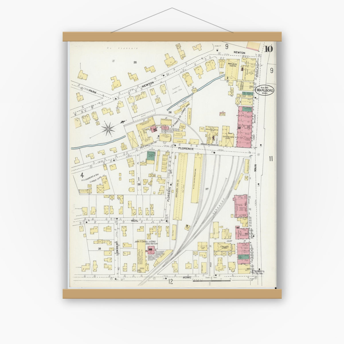 Old map wall art mockup — magnetic wood frame on white wall — Sanborn Fire Insurance Map from Marlborough, Middlesex County, Massachusetts (1901), Sheet #0010
