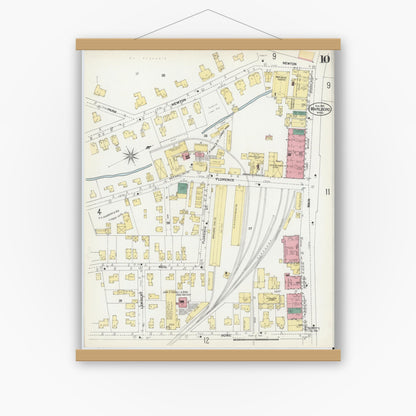 Old map wall art mockup — magnetic wood frame on white wall — Sanborn Fire Insurance Map from Marlborough, Middlesex County, Massachusetts (1901), Sheet #0010