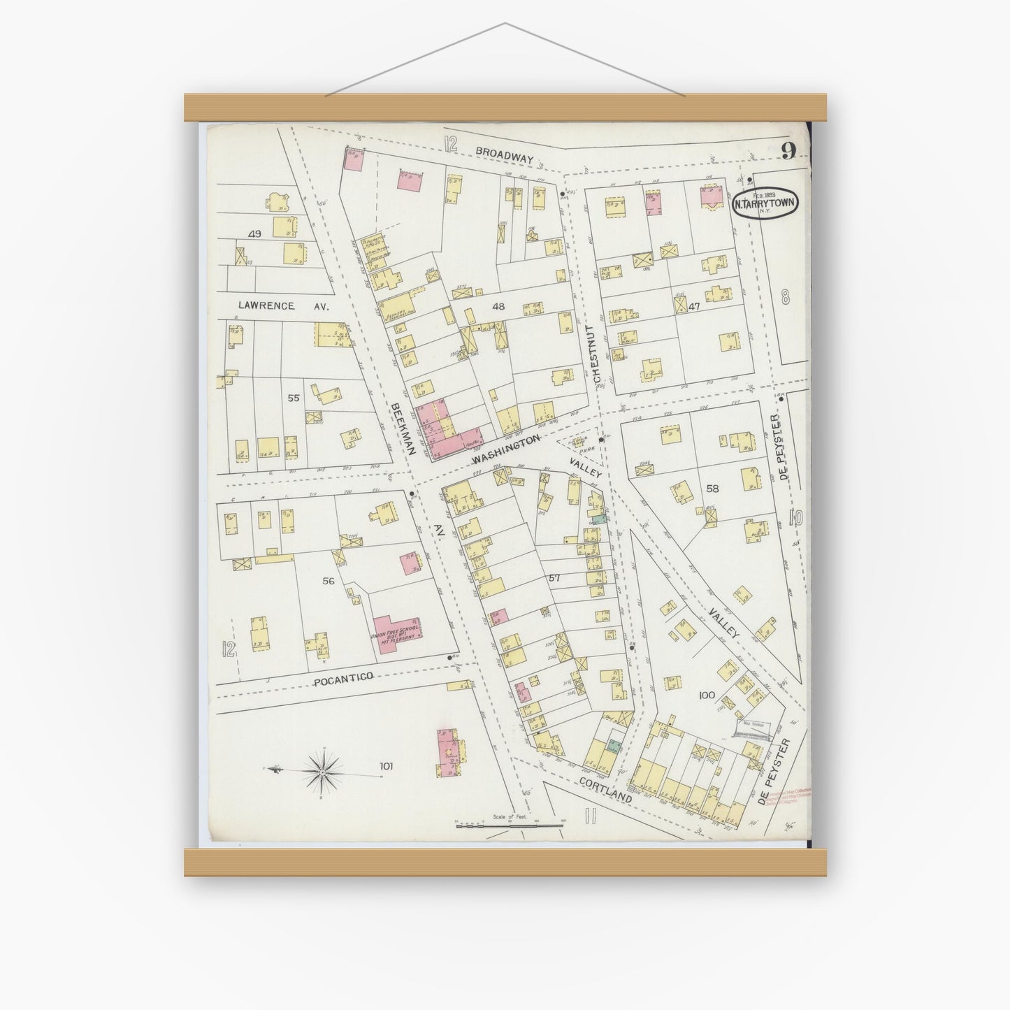 Old map wall art mockup — magnetic wood frame on white wall — Sanborn Fire Insurance Map from Tarrytown, Westchester County, New York (1893), Sheet #0009