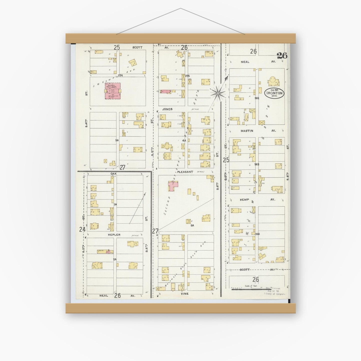 Old map wall art mockup — magnetic wood frame on white wall — Sanborn Fire Insurance Map from Ironton, Lawrence County, Ohio (1904), Sheet #0026