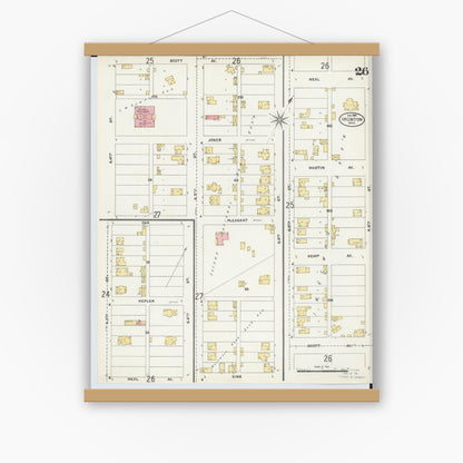 Old map wall art mockup — magnetic wood frame on white wall — Sanborn Fire Insurance Map from Ironton, Lawrence County, Ohio (1904), Sheet #0026