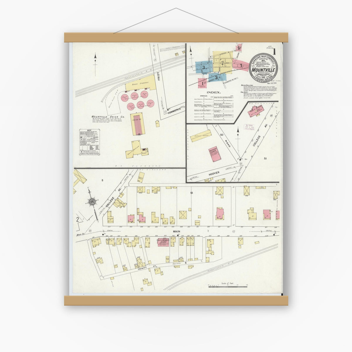 Old map wall art mockup — magnetic wood frame on white wall — Sanborn Fire Insurance Map from Mountville, Lancaster County, Pennsylvania (1912) - Complete Map Set