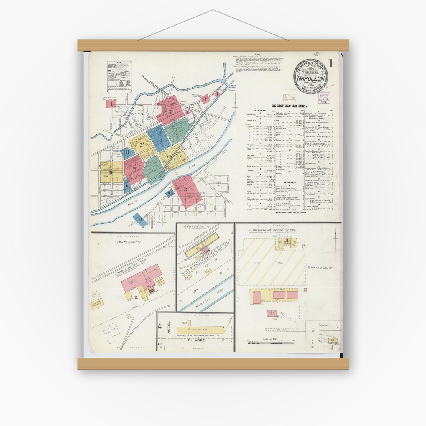 Old map wall art mockup — magnetic wood frame on white wall — Sanborn Fire Insurance Map from Napoleon, Henry County, Ohio (1905), Sheet #0001
