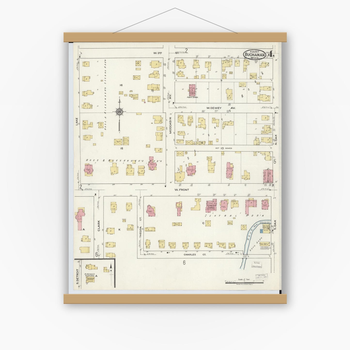 Old map wall art mockup — magnetic wood frame on white wall — Sanborn Fire Insurance Map from Buchanan, Berrien County, Michigan (1917), Sheet #0004
