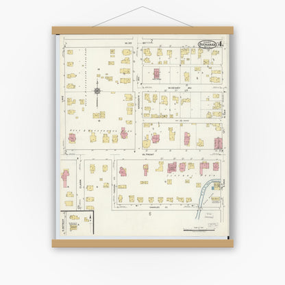 Old map wall art mockup — magnetic wood frame on white wall — Sanborn Fire Insurance Map from Buchanan, Berrien County, Michigan (1917), Sheet #0004