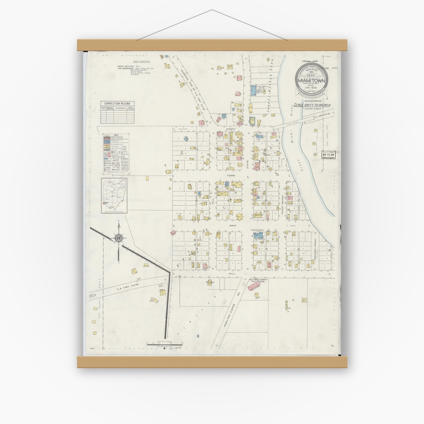 Old map wall art mockup — magnetic wood frame on white wall — Sanborn Fire Insurance Map from Miamitown, Hamilton County, Ohio (1938), Sheet #0001